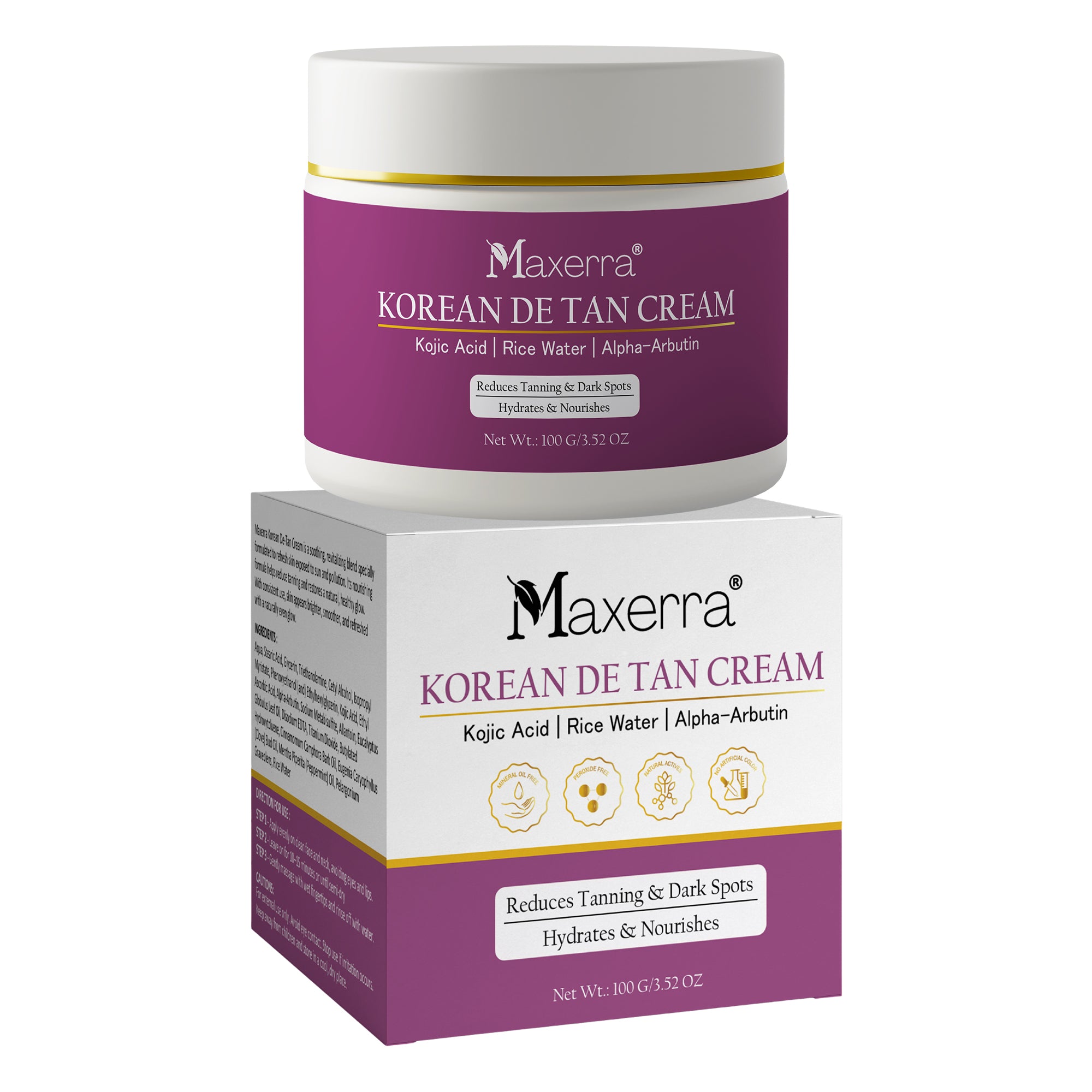 Maxerra Korean De Tan Cream Kojic Acid, Rice Water & Alpha-Arbutin 100g