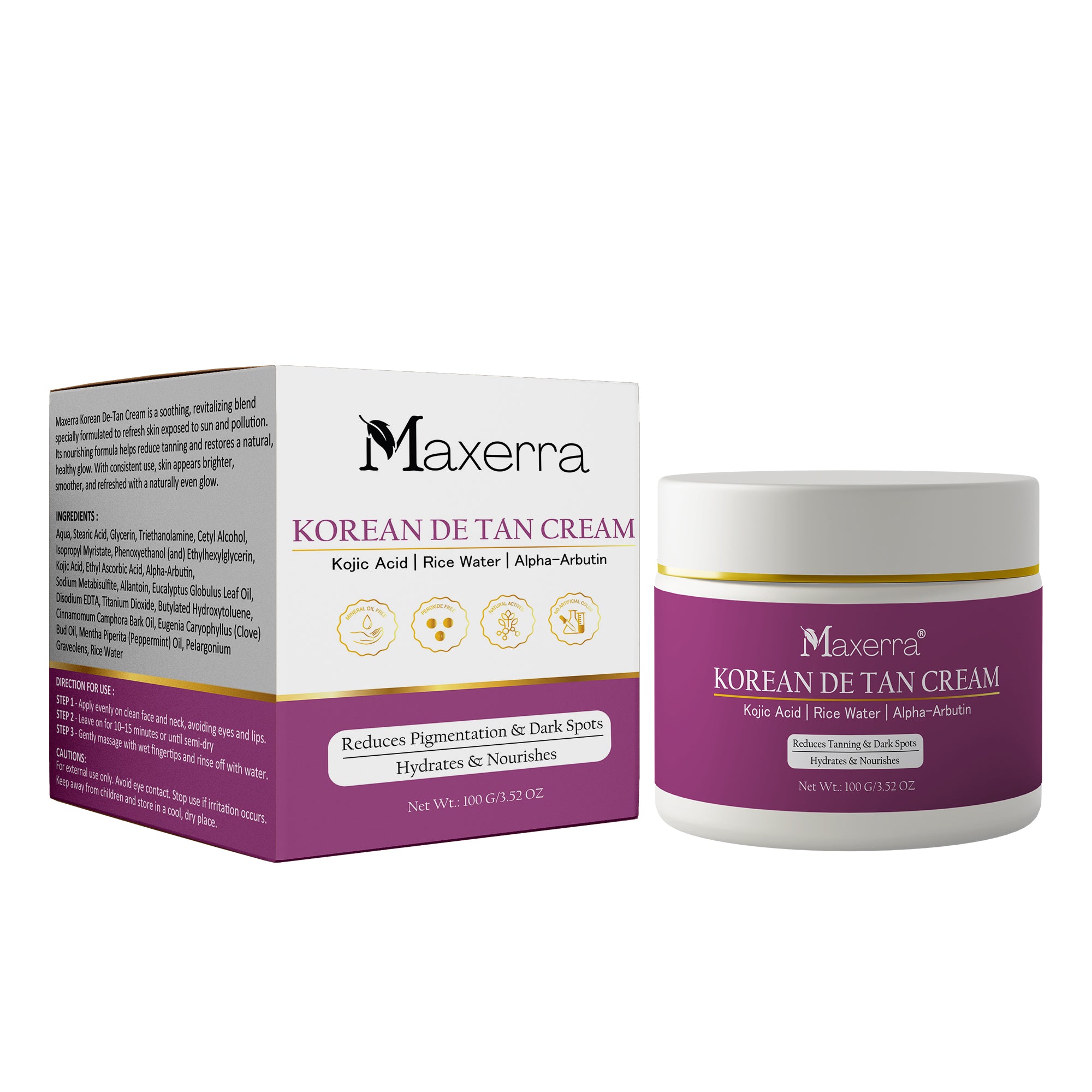 Maxerra Korean De Tan Cream Kojic Acid, Rice Water & Alpha-Arbutin 100g