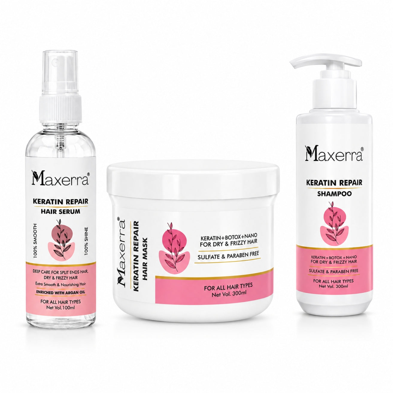 Maxerra Keratin Repair Hair Care Combo Pack | Shampoo 300ml + Hair Mask 300ml + Hair Serum 100ml