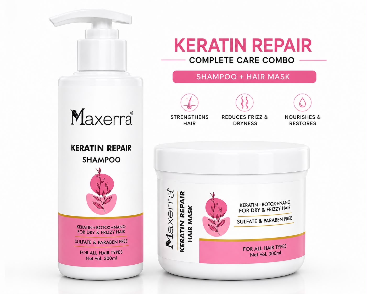 Maxerra Keratin Repair Shampoo & Hair Mask Combo | 300ml + 300ml
